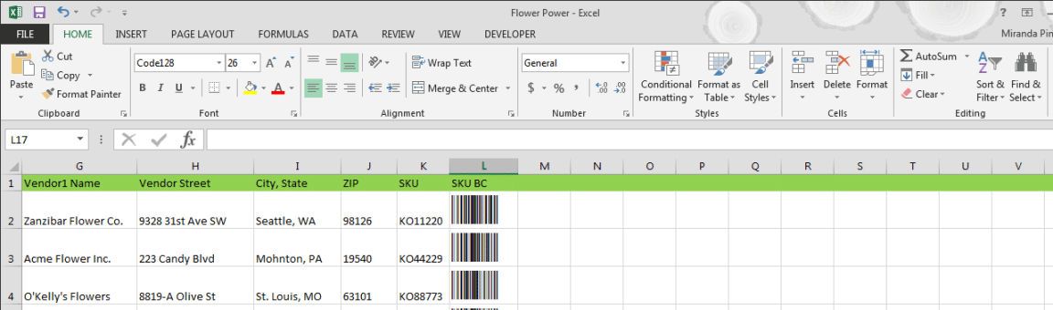 GS1 128 barcodes in Excel