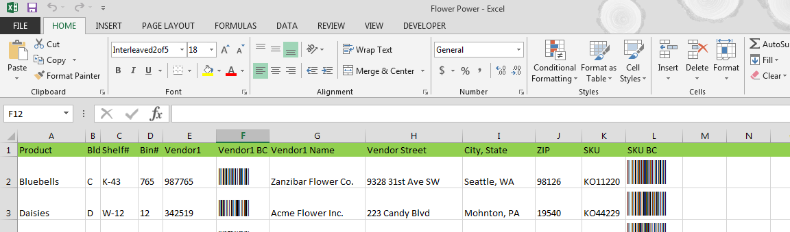 Barcodes in an Excel spreadsheet barcode sample code