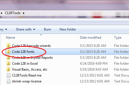 Open barcode fonts folder